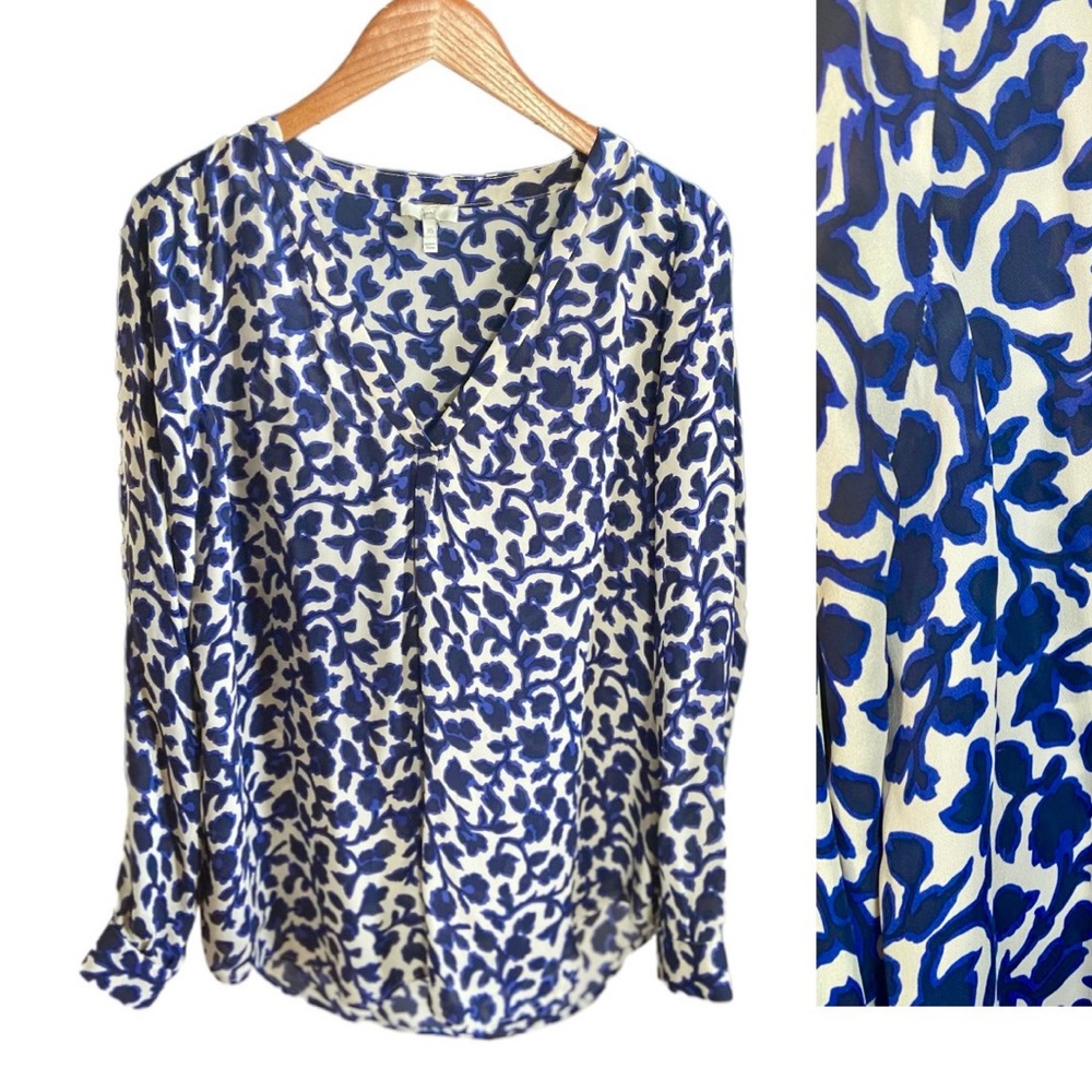 Joie Iselda Silk Blue Botanical Floral Print Long Sleeve Blouse